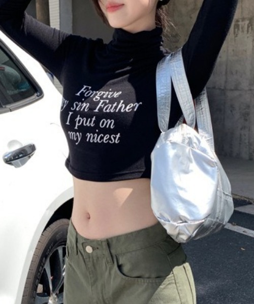 Vipoa（ヴィポア）の「ハイネックメッセージプリントカットソー（Tシャツ/カットソー・レディース・アイボリー/ブラック/グリーン/ブルー/ブラウン・FREE）」の14枚目の写真