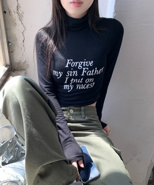 Vipoa（ヴィポア）の「ハイネックメッセージプリントカットソー（Tシャツ/カットソー・レディース・アイボリー/ブラック/グリーン/ブルー/ブラウン・FREE）」の11枚目の写真