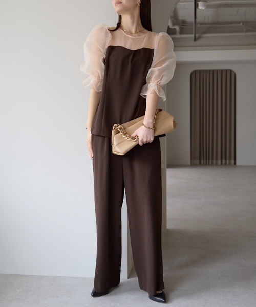 セール】シアーブラウス＆ワイドパンツ セットアップ パンツドレス (S