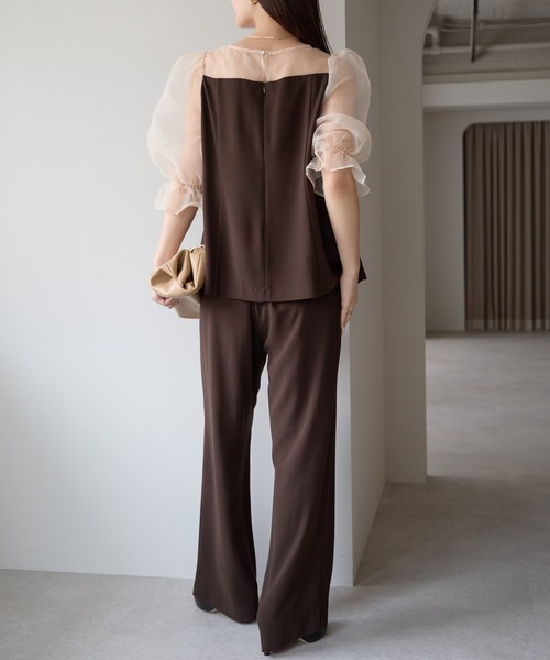 シアーブラウス＆ワイドパンツ セットアップ パンツドレス (S,M,L,XL