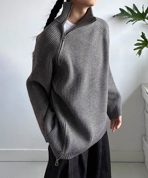 aimoha(アイモハ)の「斜めファスナー アシンメトリーニットトップス(ダブルジップ仕様)(ニット/セーター・レディース・ライトベージュ/ブラック/グレー・FREE)」の5枚目の写真