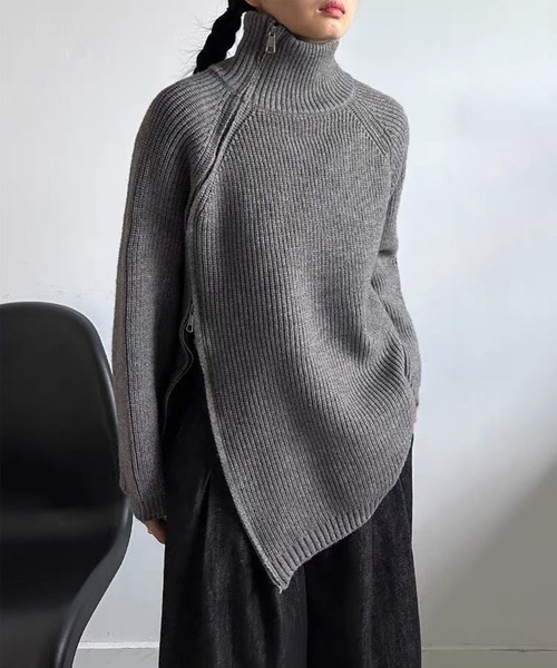 aimoha(アイモハ)の「斜めファスナー アシンメトリーニットトップス(ダブルジップ仕様)(ニット/セーター・レディース・ライトベージュ/ブラック/グレー・FREE)」の6枚目の写真