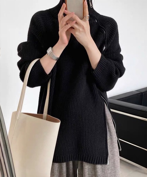 aimoha(アイモハ)の「斜めファスナー アシンメトリーニットトップス(ダブルジップ仕様)(ニット/セーター・レディース・ライトベージュ/ブラック/グレー・FREE)」の8枚目の写真