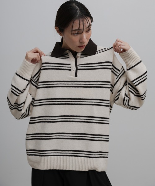 select MOCA(セレクトモカ)の「【新色追加】ポロボーダールーズニット(ニット/セーター・レディース・ネイビー/ブラウン/グレー/ブラウン系その他/アイボリー・FREE)」の19枚目の写真