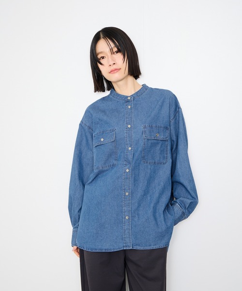 Mac-House（マックハウス）の「Idnes Denim Band-Collar Shirt/デニムバンドカラーシャツ（シャツ/ブラウス・レディース・ブルー/ネイビー・M）」の11枚目の写真