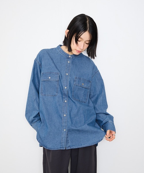 Mac-House（マックハウス）の「Idnes Denim Band-Collar Shirt/デニムバンドカラーシャツ（シャツ/ブラウス・レディース・ブルー/ネイビー・M）」の22枚目の写真
