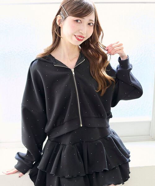 MAJESTIC LEGON（マジェスティックレゴン）の「【セットアップ対応】キラキララインストーンショートパーカー（パーカー・レディース・ブラック/チャコールグレー/ピンク/オフホワイト・MEDIUM）」の11枚目の写真