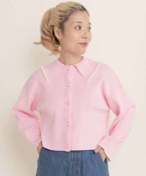 CHILD WOMAN（チャイルドウーマン）の「ふちどりスカラップ 襟付きショートカーディガン（カーディガン/ボレロ・レディース・アイボリー/サックスブルー/ブラック/ピンク/レッド・FREE）」の4枚目の写真