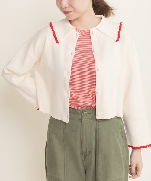CHILD WOMAN（チャイルドウーマン）の「ふちどりスカラップ 襟付きショートカーディガン（カーディガン/ボレロ・レディース・アイボリー/サックスブルー/ブラック/ピンク/レッド・FREE）」の6枚目の写真