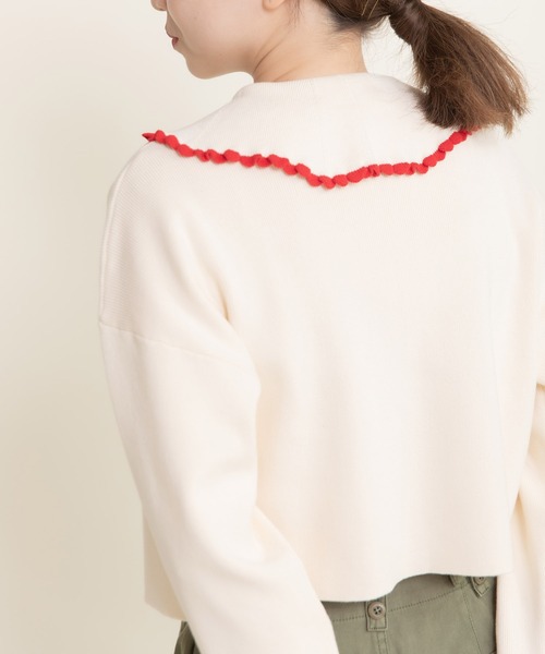 CHILD WOMAN（チャイルドウーマン）の「ふちどりスカラップ 襟付きショートカーディガン（カーディガン/ボレロ・レディース・アイボリー/サックスブルー/ブラック/ピンク/レッド・FREE）」の8枚目の写真