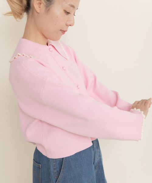 CHILD WOMAN（チャイルドウーマン）の「ふちどりスカラップ 襟付きショートカーディガン（カーディガン/ボレロ・レディース・アイボリー/サックスブルー/ブラック/ピンク/レッド・FREE）」の13枚目の写真