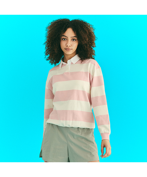 Oxford Collar Stripe T‑Shirt — полосатая футболка с воротником‑оксфорд, розовая