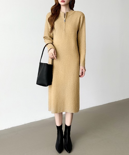 COCOMOMO(ココモモ)の「ハーフジップニットワンピース リブニット ハーフジップ ワンピース 長袖 秋服 冬服(ワンピース・レディース・グレー/ブラック/ライトブラウン・FREE)」の3枚目の写真