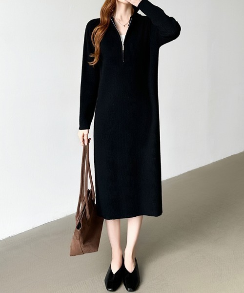 セール】ハーフジップニットワンピース リブニット ハーフジップ