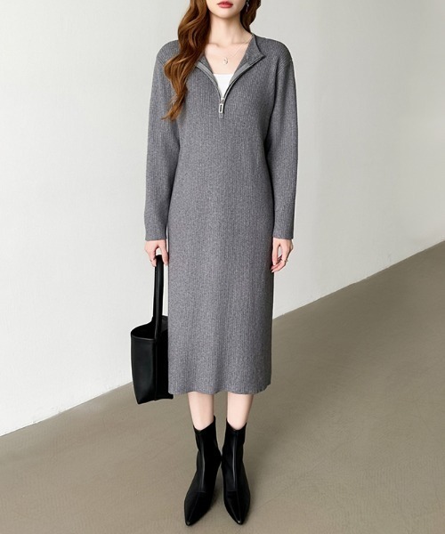 COCOMOMO(ココモモ)の「ハーフジップニットワンピース リブニット ハーフジップ ワンピース 長袖 秋服 冬服(ワンピース・レディース・グレー/ブラック/ライトブラウン・FREE)」の6枚目の写真