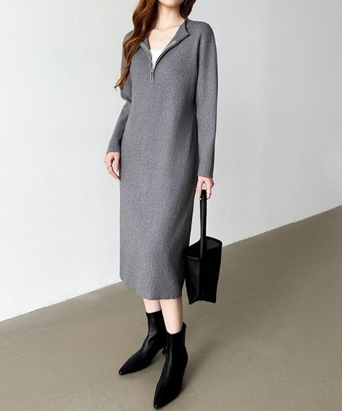COCOMOMO(ココモモ)の「ハーフジップニットワンピース リブニット ハーフジップ ワンピース 長袖 秋服 冬服(ワンピース・レディース・グレー/ブラック/ライトブラウン・FREE)」の13枚目の写真