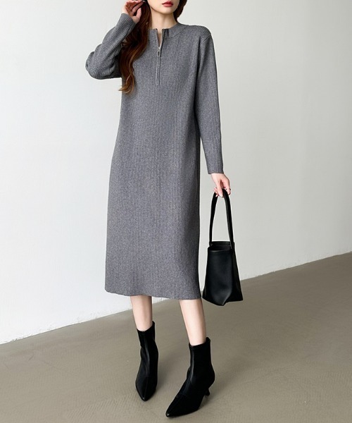 COCOMOMO(ココモモ)の「ハーフジップニットワンピース リブニット ハーフジップ ワンピース 長袖 秋服 冬服(ワンピース・レディース・グレー/ブラック/ライトブラウン・FREE)」の14枚目の写真