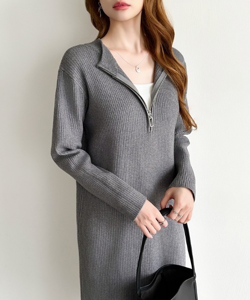 COCOMOMO(ココモモ)の「ハーフジップニットワンピース リブニット ハーフジップ ワンピース 長袖 秋服 冬服(ワンピース・レディース・グレー/ブラック/ライトブラウン・FREE)」の4枚目の写真