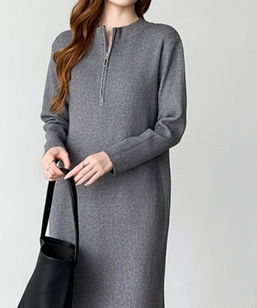 COCOMOMO(ココモモ)の「ハーフジップニットワンピース リブニット ハーフジップ ワンピース 長袖 秋服 冬服(ワンピース・レディース・グレー/ブラック/ライトブラウン・FREE)」の15枚目の写真