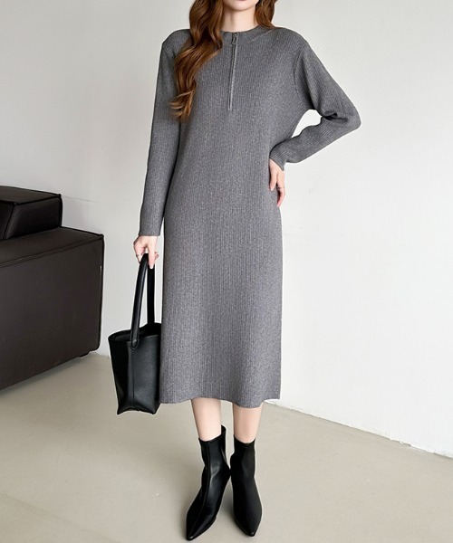 COCOMOMO(ココモモ)の「ハーフジップニットワンピース リブニット ハーフジップ ワンピース 長袖 秋服 冬服(ワンピース・レディース・グレー/ブラック/ライトブラウン・FREE)」の7枚目の写真