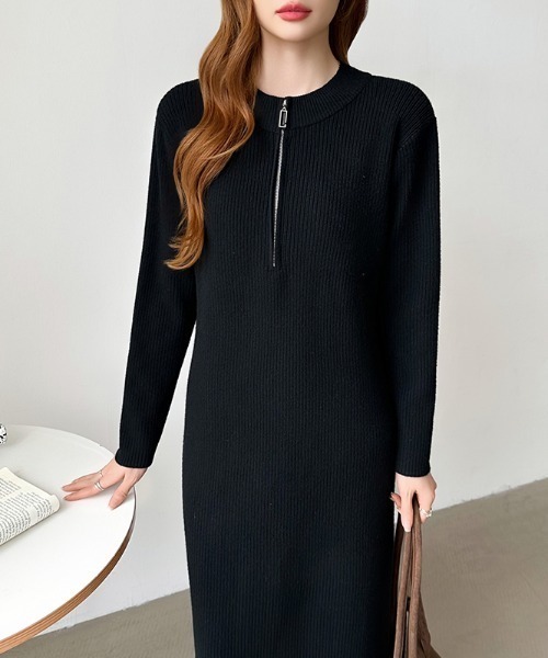 COCOMOMO(ココモモ)の「ハーフジップニットワンピース リブニット ハーフジップ ワンピース 長袖 秋服 冬服(ワンピース・レディース・グレー/ブラック/ライトブラウン・FREE)」の8枚目の写真