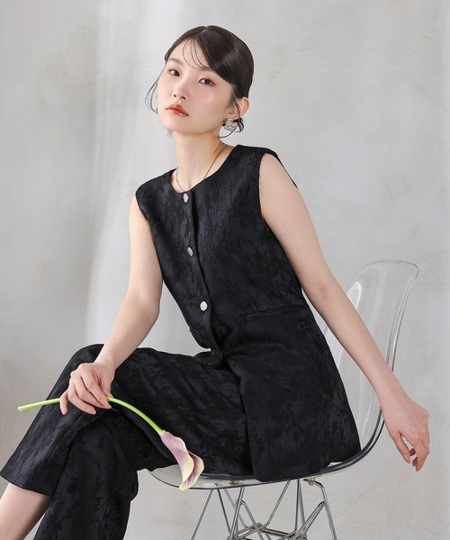 Kana(カナ)の「ジャガードジレ ストレートパンツ 2点セット パンツドレス セットアップ 結婚式 お呼ばれ オケージョン パーティー(パンツドレス・レディース・ブラック/グレー・M/S)」の8枚目の写真