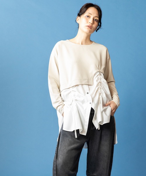 OSMOSIS(オズモーシス)の「ドローストリングシャツ切替プルオーバー(Tシャツ/カットソー・レディース・その他/ライトベージュ/ブラック・ONE SIZE)」の1枚目の写真