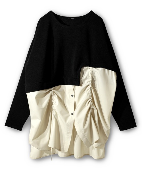 OSMOSIS(オズモーシス)の「ドローストリングシャツ切替プルオーバー(Tシャツ/カットソー・レディース・その他/ライトベージュ/ブラック・ONE SIZE)」の3枚目の写真