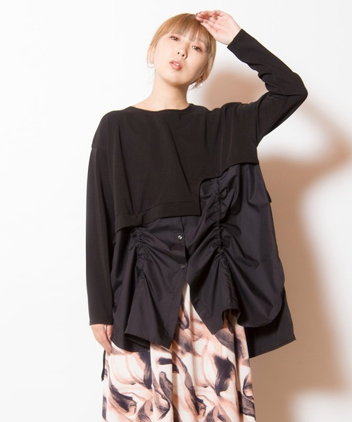 OSMOSIS(オズモーシス)の「ドローストリングシャツ切替プルオーバー(Tシャツ/カットソー・レディース・その他/ライトベージュ/ブラック・ONE SIZE)」の2枚目の写真