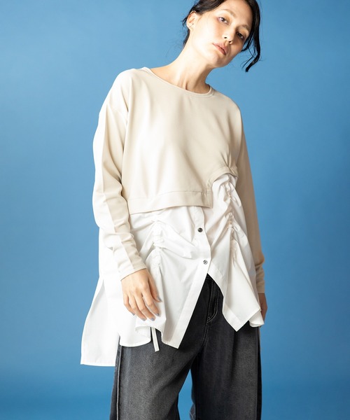 OSMOSIS(オズモーシス)の「ドローストリングシャツ切替プルオーバー(Tシャツ/カットソー・レディース・その他/ライトベージュ/ブラック・ONE SIZE)」の6枚目の写真