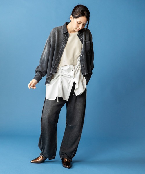 OSMOSIS(オズモーシス)の「ドローストリングシャツ切替プルオーバー(Tシャツ/カットソー・レディース・その他/ライトベージュ/ブラック・ONE SIZE)」の10枚目の写真