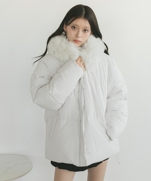 ファーフード中綿コート/取り外し可能（ダウンジャケット/コート