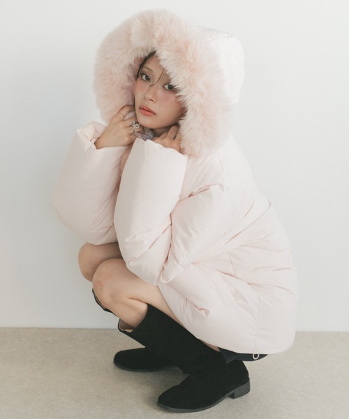 ファーフード中綿コート/取り外し可能（ダウンジャケット/コート