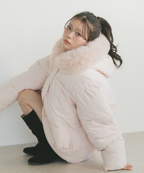 ファーフード中綿コート/取り外し可能（ダウンジャケット/コート