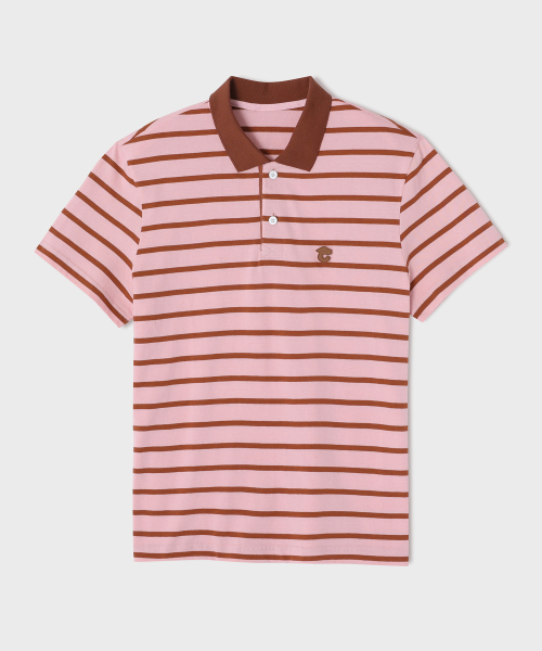 ブラウンレザー学士帽Cパッチピンクストライプポロ半袖Tシャツ[男女共用]