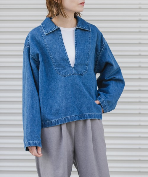 FORK&SPOON（フォークアンドスプーン）の「FORK&SPOON　ペーパーデニムスキッパーシャツ（Tシャツ/カットソー・レディース・ブルー/ブラック・1）」の2枚目の写真