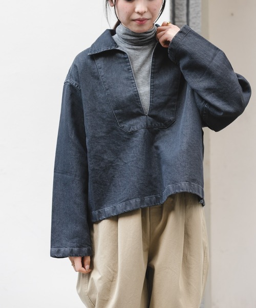 FORK&SPOON（フォークアンドスプーン）の「FORK&SPOON　ペーパーデニムスキッパーシャツ（Tシャツ/カットソー・レディース・ブルー/ブラック・1）」の3枚目の写真