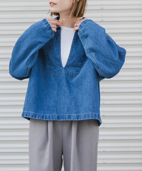 FORK&SPOON（フォークアンドスプーン）の「FORK&SPOON　ペーパーデニムスキッパーシャツ（Tシャツ/カットソー・レディース・ブルー/ブラック・1）」の10枚目の写真