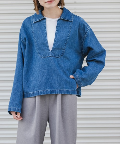 FORK&SPOON（フォークアンドスプーン）の「FORK&SPOON　ペーパーデニムスキッパーシャツ（Tシャツ/カットソー・レディース・ブルー/ブラック・1）」の11枚目の写真