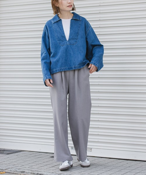 FORK&SPOON（フォークアンドスプーン）の「FORK&SPOON　ペーパーデニムスキッパーシャツ（Tシャツ/カットソー・レディース・ブルー/ブラック・1）」の15枚目の写真