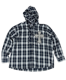 Cross Cut-Off Tartan Check Hoodie Shirt ((Navy))