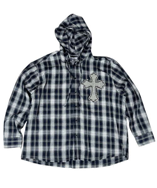 SK8ER ROCK(スケーターロック)の「Cross Cut-Off Tartan Check Hoodie Shirt ((Navy))(シャツ/ブラウス・メンズ・その他・ONE SIZE)」の1枚目の写真