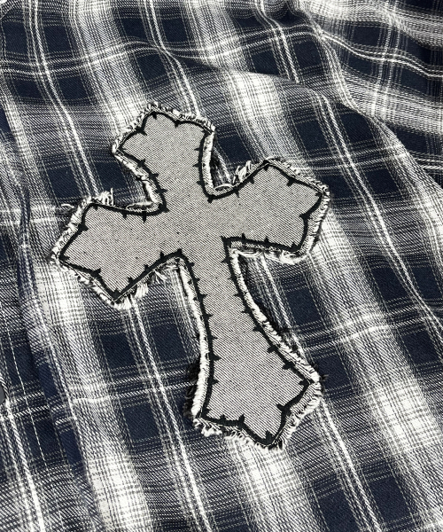 SK8ER ROCK(スケーターロック)の「Cross Cut-Off Tartan Check Hoodie Shirt ((Navy))(シャツ/ブラウス・メンズ・その他・ONE SIZE)」の4枚目の写真