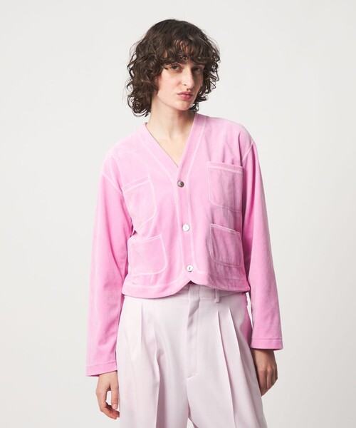 6（ロク）の「＜6(ROKU)＞ベロア カラー カーディガン（カーディガン/ボレロ・レディース・ピンク/ライム・FREE）」の2枚目の写真