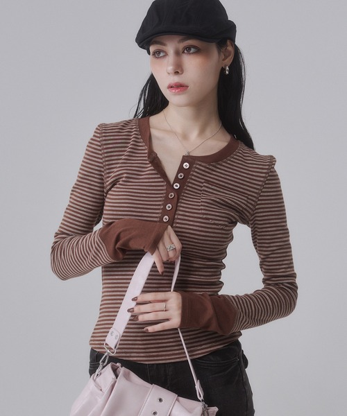 ENVYM(アンビー)の「ヘンリーネックボーダー 長袖Tシャツ【2026秋冬新色】【サイズ展開あり】(Tシャツ/カットソー・レディース・グレー/ピンク/ブラック/ホワイト/ブラウン・FREE/MEDIUM)」の18枚目の写真