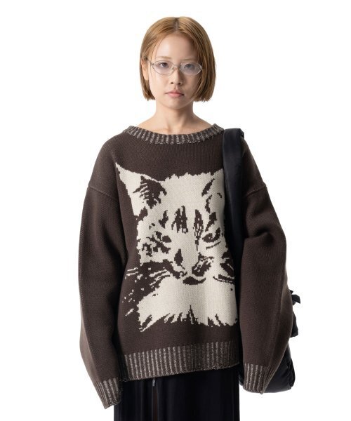 IUGAMAKARAS(イウガマカラス)の「Cat Graphic Distressed Knit (Brown)(ニット/セーター・レディース・その他・1)」の1枚目の写真