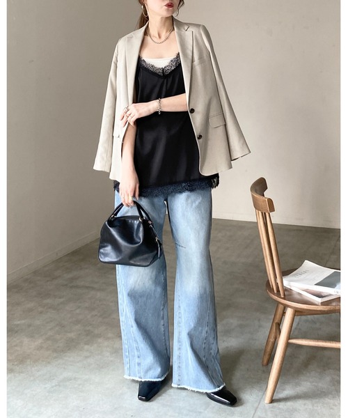 She's Closet（シーズクローゼット）の「ロング丈 サイドスリット 裾 サテンレースキャミソール（キャミソール・レディース・ブラック/アイボリー・FREE）」の17枚目の写真