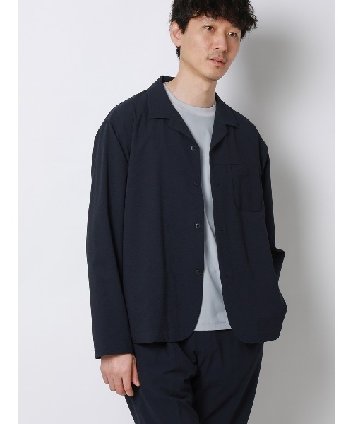 FLAT(フラット)の「FLAT オープンカラーアウターシャツ ウォッシャブル ストレッチ ドライシアサッカー 無地(シャツ/ブラウス・メンズ・ライトグレー/ネイビー・M/L/S)」の1枚目の写真