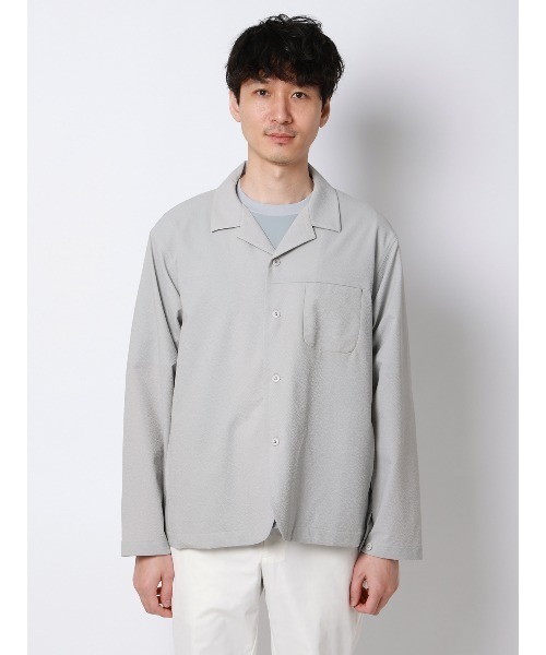 FLAT(フラット)の「FLAT オープンカラーアウターシャツ ウォッシャブル ストレッチ ドライシアサッカー 無地(シャツ/ブラウス・メンズ・ライトグレー/ネイビー・M/L/S)」の4枚目の写真
