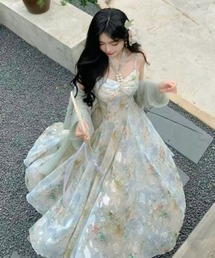 【レトロガーリー】フラワーホルターネックロングワンピース/ハイウエスト・小柄さん向け